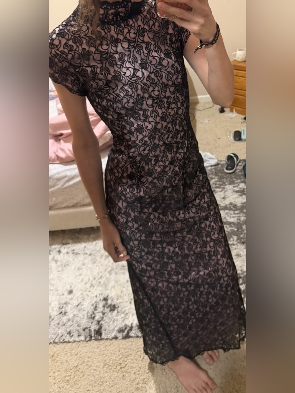 Rare Caché Sheer Black Lace Overlay Maxi Dress with Pink Lining